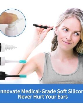 Silicone Ear Cleaner Spoon with Soft Teardrop Brush - Black Handle, Aqua Tips